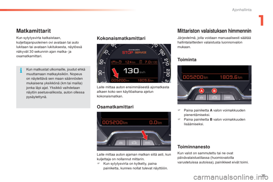 CITROEN C5 2016 Omistajan Käsikirjat (in Finnish) 25
C5_fi_Chap01_controle-de-marche_ed01-2015
MatkamittaritMittariston valaistuksen himmennin
F Paina painiketta A valon voimakkuuden
pienentämiseksi.
F
Pai
na painiketta B valon voimakkuuden
li CITROEN C5 2016 Omistajan Käsikirjat (in Finnish) 25
C5_fi_Chap01_controle-de-marche_ed01-2015
MatkamittaritMittariston valaistuksen himmennin
F Paina painiketta A valon voimakkuuden
pienentämiseksi.
F
Pai
na painiketta B valon voimakkuuden
li