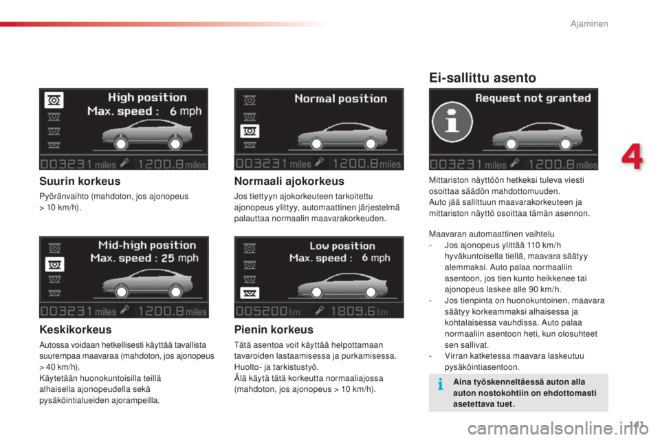 CITROEN C5 2015  Omistajan Käsikirjat (in Finnish) 141
C5_fi_Chap04_conduite_ed01-2014
Ei-sallittu asento
Mittariston näyttöön hetkeksi tuleva viesti 
osoittaa säädön mahdottomuuden.
a
uto jää sallittuun maavarakorkeuteen ja 
mittariston näyt