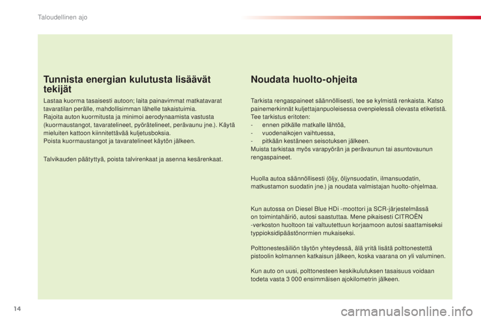 CITROEN C5 2015  Omistajan Käsikirjat (in Finnish) 14
C5_fi_Chap00c_eco-conduite_ed01-2014
Tunnista energian kulutusta lisäävät 
tekijät
Lastaa kuorma tasaisesti autoon; laita painavimmat matkatavarat 
tavaratilan perälle, mahdollisimman lähelle