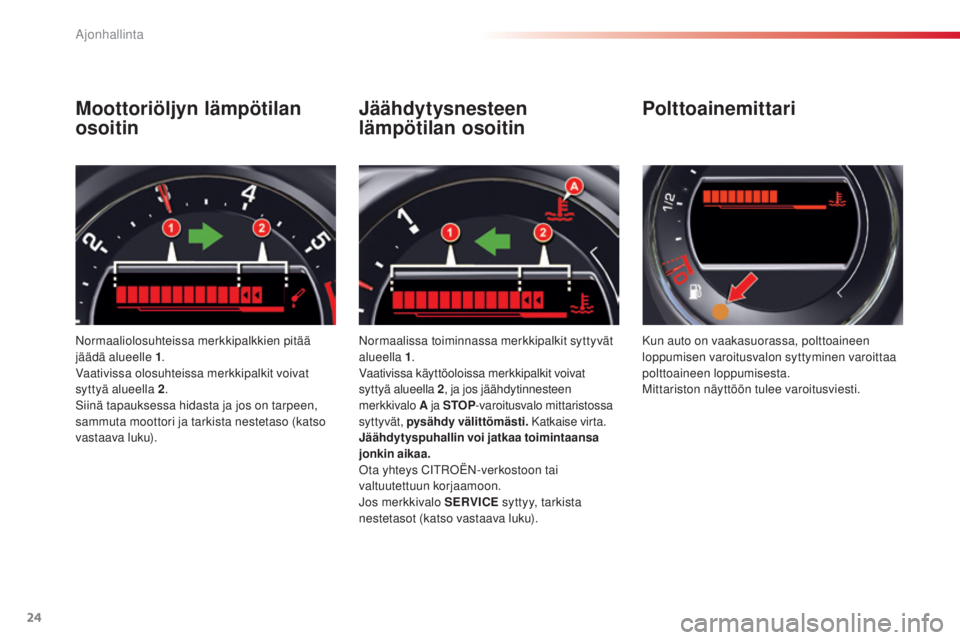 CITROEN C5 2015 Omistajan Käsikirjat (in Finnish) 24
C5_fi_Chap01_controle-de-marche_ed01-2014
Moottoriöljyn lämpötilan
osoitin
Normaaliolosuhteissa merkkipalkkien pitää
jäädä alueelle 1.
Vaativissa olosuhteissa merkkipalkit voivat
syttyä CITROEN C5 2015 Omistajan Käsikirjat (in Finnish) 24
C5_fi_Chap01_controle-de-marche_ed01-2014
Moottoriöljyn lämpötilan
osoitin
Normaaliolosuhteissa merkkipalkkien pitää
jäädä alueelle 1.
Vaativissa olosuhteissa merkkipalkit voivat
syttyä