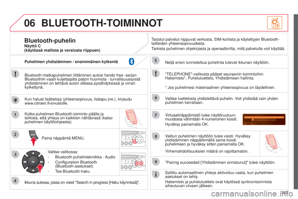 CITROEN C5 2015 Omistajan Käsikirjat (in Finnish) 06
323
C5_fi_Chap11c_RD45_ed01_2014
BLUETOOTH-TOIMINNOT
Bluetooth-matkapuhelimen liittäminen autosi hands free -sarjan
Bluetoothiin vaatii kuljettajalta paljon huomiota - turvallisuussyistä\
yhdi CITROEN C5 2015 Omistajan Käsikirjat (in Finnish) 06
323
C5_fi_Chap11c_RD45_ed01_2014
BLUETOOTH-TOIMINNOT
Bluetooth-matkapuhelimen liittäminen autosi hands free -sarjan
Bluetoothiin vaatii kuljettajalta paljon huomiota - turvallisuussyistä\
yhdi