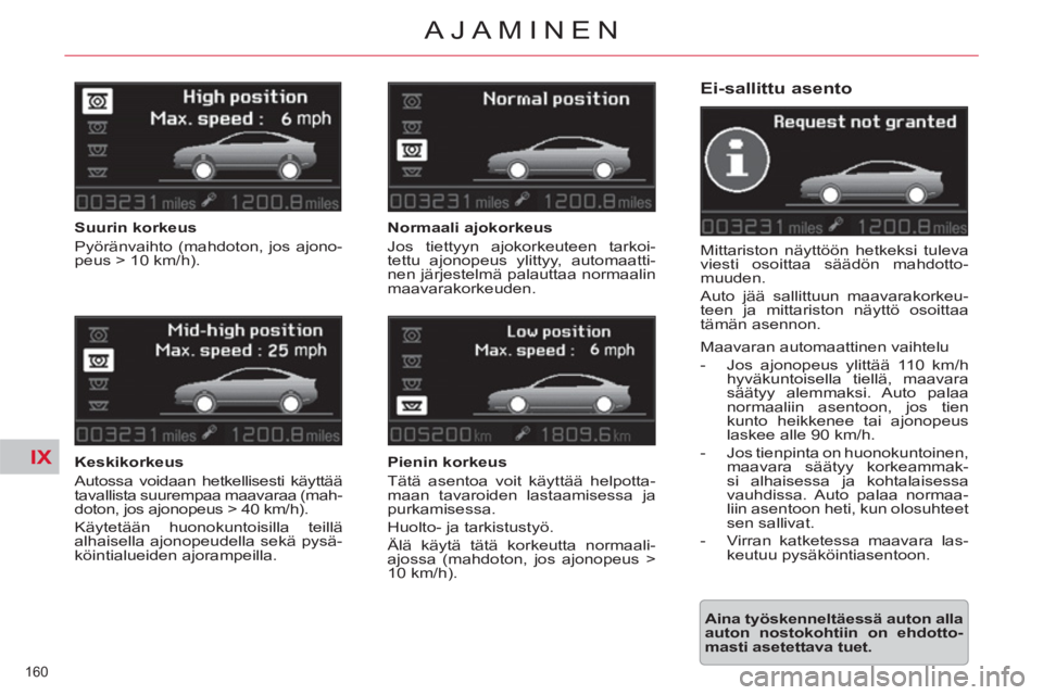 CITROEN C5 2014 Omistajan Käsikirjat (in Finnish) IX
160
AJAMINEN
Ei-sallittu asento
Mittariston näyttöön hetkeksi tuleva
viesti osoittaa säädön mahdotto-
muuden.
Auto jää sallittuun maavarakorkeu-
teen ja mittariston näyttö oso CITROEN C5 2014 Omistajan Käsikirjat (in Finnish) IX
160
AJAMINEN
Ei-sallittu asento
Mittariston näyttöön hetkeksi tuleva
viesti osoittaa säädön mahdotto-
muuden.
Auto jää sallittuun maavarakorkeu-
teen ja mittariston näyttö oso