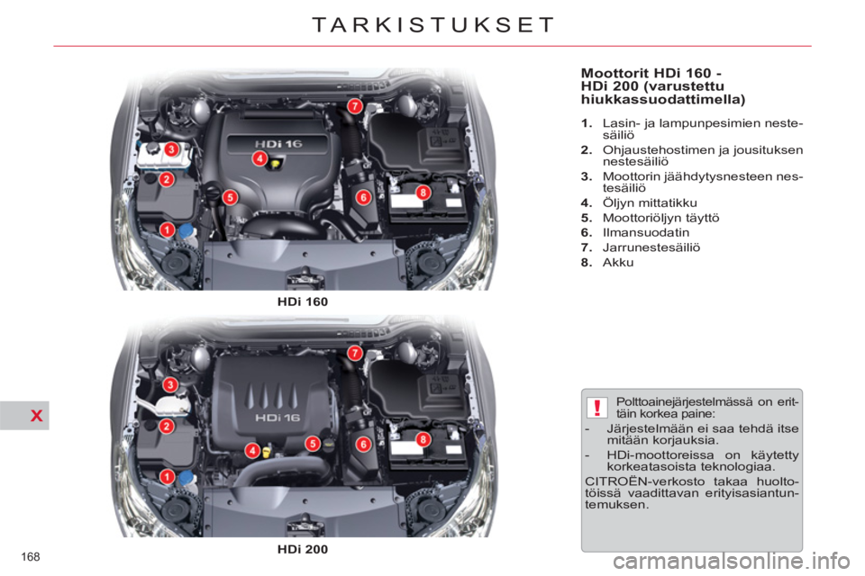 CITROEN C5 2014  Omistajan Käsikirjat (in Finnish) X!
168 
TARKISTUKSET
   
Moottorit HDi 160 - 
HDi 200 (varustettu 
hiukkassuodattimella)  
 
 
 
1. 
  Lasin- ja lampunpesimien neste-
säiliö 
   
2. 
  Ohjaustehostimen ja jousituksen 
nestesäili