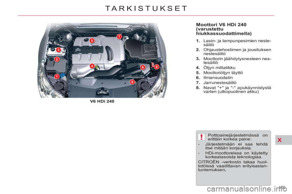 CITROEN C5 2014 Omistajan Käsikirjat (in Finnish) X!
169
TARKISTUKSET
Moottori V6 HDi 240
(varustettu
hiukkassuodattimella)
V6 HDi 240
1.
Lasin- ja lampunpesimien neste-
säiliö
2.
Ohjaustehostimen ja jousituksen
nes CITROEN C5 2014 Omistajan Käsikirjat (in Finnish) X!
169
TARKISTUKSET
Moottori V6 HDi 240
(varustettu
hiukkassuodattimella)
V6 HDi 240
1.
Lasin- ja lampunpesimien neste-
säiliö
2.
Ohjaustehostimen ja jousituksen
nes