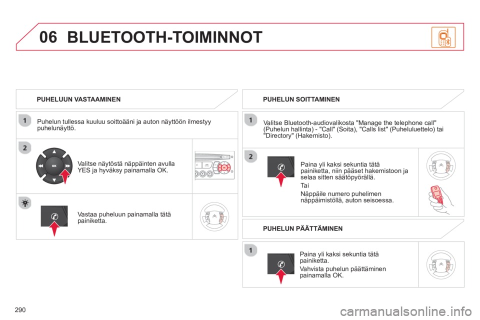 CITROEN C5 2014 Omistajan Käsikirjat (in Finnish) 290
06
PUHELUUN VASTAAMINEN
Puhelun tullessa kuuluu soitto
ääni ja auton näyttöön ilmestyypuhelunäyttö.
Valitse näytöstä näppäinten avulla
YES ja hyväksy painamalla OK.
Vastaa p CITROEN C5 2014 Omistajan Käsikirjat (in Finnish) 290
06
PUHELUUN VASTAAMINEN
Puhelun tullessa kuuluu soitto
ääni ja auton näyttöön ilmestyypuhelunäyttö.
Valitse näytöstä näppäinten avulla
YES ja hyväksy painamalla OK.
Vastaa p