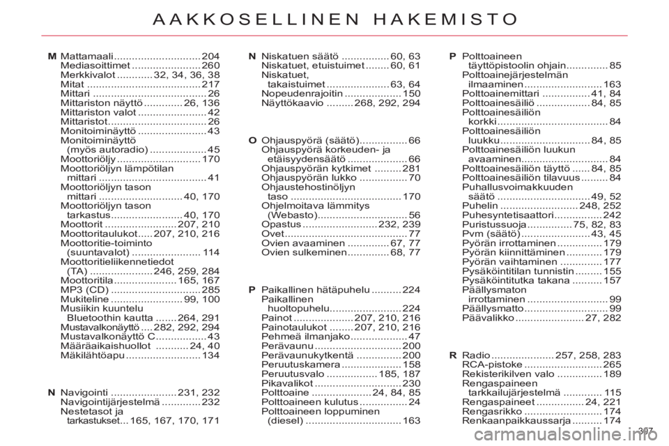 CITROEN C5 2014 Omistajan Käsikirjat (in Finnish) 307
AAKKOSELLINEN HAKEMISTO
M Mattamaali ............................. 204
Mediasoittimet ....................... 260
Merkkivalot ............ 32, 34, 36, 38
Mitat ............................... CITROEN C5 2014 Omistajan Käsikirjat (in Finnish) 307
AAKKOSELLINEN HAKEMISTO
M Mattamaali ............................. 204
Mediasoittimet ....................... 260
Merkkivalot ............ 32, 34, 36, 38
Mitat ...............................