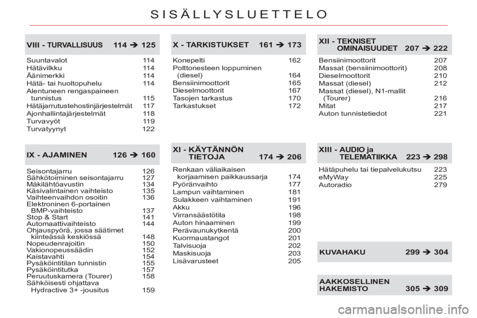 CITROEN C5 2014  Omistajan Käsikirjat (in Finnish) SISÄLLYSLUETTELO
Suuntavalot 114
Hätävilkku 114
Äänimerkki 114
Hätä- tai huoltopuhelu  114
Alentuneen rengaspaineen 
tunnistus 115
Hätäjarrutustehostinjärjestelmät 117
Ajonhallintajärjeste