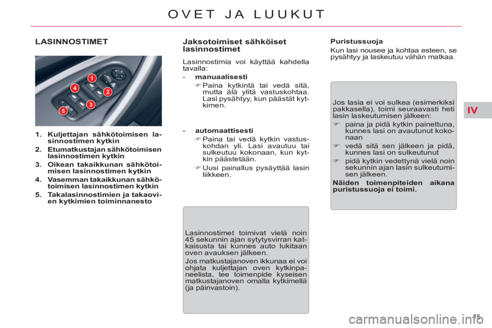 CITROEN C5 2014  Omistajan Käsikirjat (in Finnish) IV
75 
OVET JA LUUKUT
LASINNOSTIMET
   
 
1. 
  Kuljettajan sähkötoimisen la-
sinnostimen kytkin 
 
   
2. 
  Etumatkustajan sähkötoimisen 
lasinnostimen kytkin   
   
3. 
  Oikean takaikkunan sä