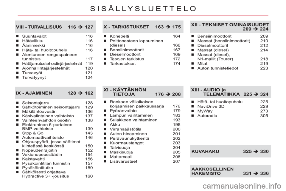 CITROEN C5 2012  Omistajan Käsikirjat (in Finnish) SISÄLLYSLUETTELO
Suuntavalot 116
Hätävilkku 116
Äänimerkki 116
Hätä- tai huoltopuhelu  116
Alentuneen rengaspaineen 
tunnistus 117
Hätäjarrutustehostinjärjestelmät 119
Ajonhallintajärjeste