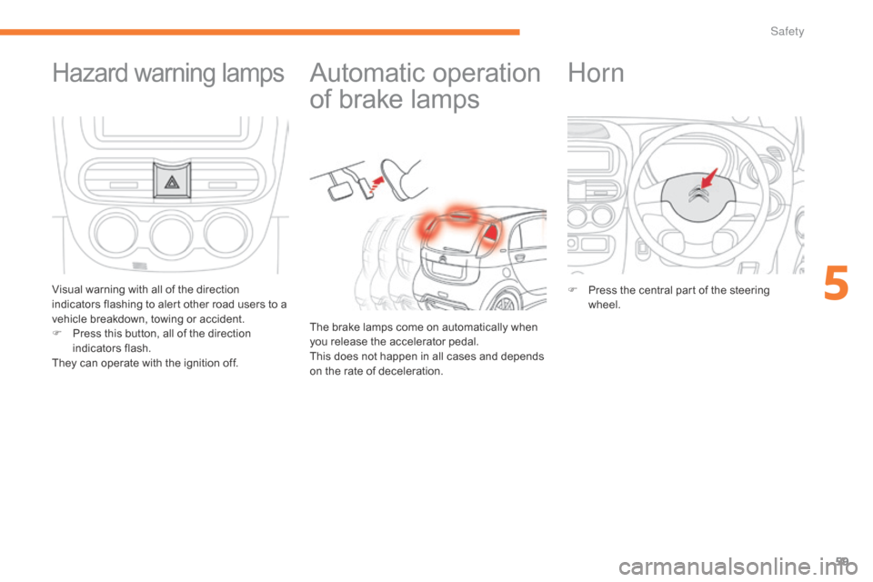 Citroen C ZERO RHD 2017 1.G Owners Manual 59
Automatic operation
of brake lamps
The brake lamps come on automatically when
you release the accelerator pedal.
This does not happen in all cases and depends
on the rate of deceleration.
Hazard Citroen C ZERO RHD 2017 1.G Owners Manual 59
Automatic operation
of brake lamps
The brake lamps come on automatically when
you release the accelerator pedal.
This does not happen in all cases and depends
on the rate of deceleration.
Hazard