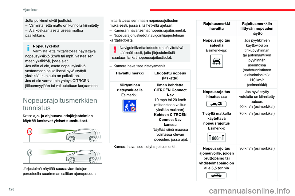 CITROEN C5 AIRCROSS 2022  Omistajan Käsikirjat (in Finnish) 120
Ajaminen
Jotta polkimet eivät juuttuisi:
– V armista, että matto on kunnolla kiinnitetty.
–
 
Älä koskaan aseta useaa mattoa 
päällekkäin.
Nopeusyksiköt
Varmista, että mittaristossa n