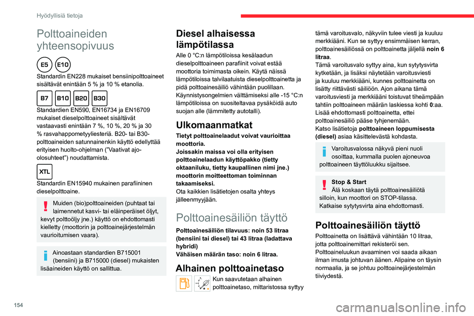 CITROEN C5 AIRCROSS 2022 Omistajan Käsikirjat (in Finnish) 154
Hyödyllisiä tietoja
Polttoaineiden
yhteensopivuus
Standardin EN228 mukaiset bensiinipolttoaineet
sisältävät enintään 5 % ja 10 % etanolia.
Standardien EN590, EN16734 ja EN16 CITROEN C5 AIRCROSS 2022 Omistajan Käsikirjat (in Finnish) 154
Hyödyllisiä tietoja
Polttoaineiden
yhteensopivuus
Standardin EN228 mukaiset bensiinipolttoaineet
sisältävät enintään 5 % ja 10 % etanolia.
Standardien EN590, EN16734 ja EN16