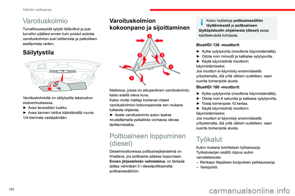 CITROEN C5 AIRCROSS 2022  Omistajan Käsikirjat (in Finnish) 180
Häiriön sattuessa
Varoituskolmio
Turvallisuussyistä sytytä hätävilkut ja pue 
turvaliivi päällesi ennen kuin poistut autosta 
varoituskolmion auki taittamista ja paikoilleen 
asettamista v