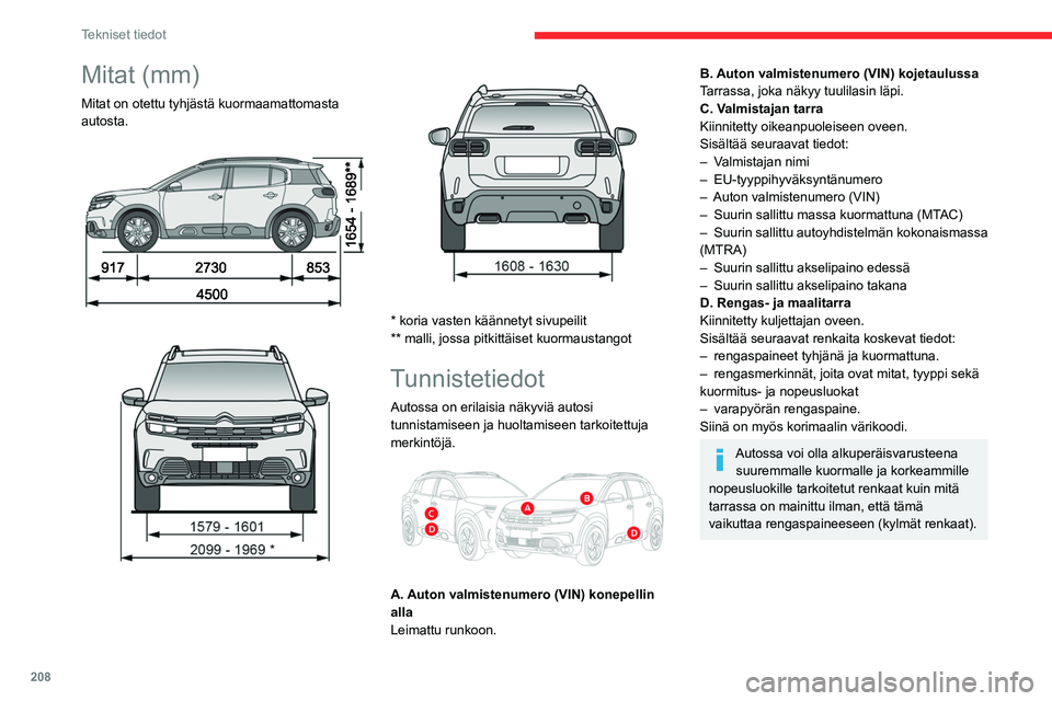 CITROEN C5 AIRCROSS 2022  Omistajan Käsikirjat (in Finnish) 208
Tekniset tiedot
Mitat (mm)
Mitat on otettu tyhjästä kuormaamattomasta 
autosta.
 
 
 
 
 
 
* koria vasten käännetyt sivupeilit
** malli, jossa pitkittäiset kuormaustangot
Tunnistetiedot
Auto