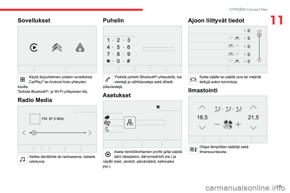 CITROEN C5 AIRCROSS 2022  Omistajan Käsikirjat (in Finnish) 225
CITROËN Connect Nav
11Sovellukset 
 
Käytä älypuhelimen joitakin sovelluksia 
CarPlay®  tai Android Auto-yhteyden 
kautta.
Tarkista Bluetooth
®- ja Wi-Fi-yhteyksien tila.
Radio Media 
FM  87