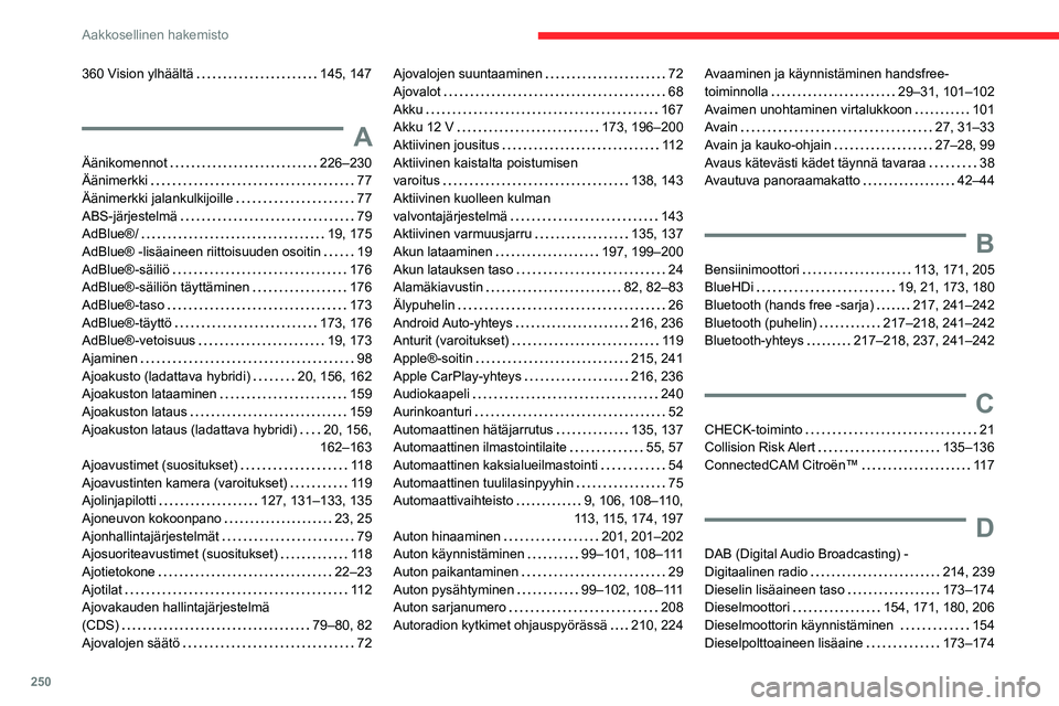 CITROEN C5 AIRCROSS 2022 Omistajan Käsikirjat (in Finnish) 250
Aakkosellinen hakemisto
360 Vision ylhäältä 145, 147
A
Äänikomennot 226–230
Äänimerkki
77
Äänimerkki jalankulkijoille
77
ABS-järjestelmä
79
AdBlue® CITROEN C5 AIRCROSS 2022 Omistajan Käsikirjat (in Finnish) 250
Aakkosellinen hakemisto
360 Vision ylhäältä 145, 147
A
Äänikomennot 226–230
Äänimerkki
77
Äänimerkki jalankulkijoille
77
ABS-järjestelmä
79
AdBlue®