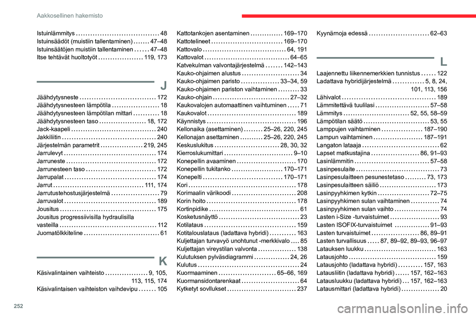 CITROEN C5 AIRCROSS 2022  Omistajan Käsikirjat (in Finnish) 252
Aakkosellinen hakemisto
Istuinlämmitys    48
Istuinsäädöt (muistiin tallentaminen)     
47–48
Istuinsäätöjen muistiin tallentaminen
    
47–48
Itse tehtävät huoltotyöt
   
119,