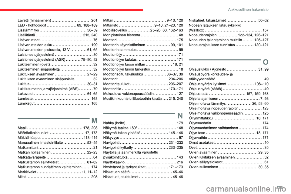 CITROEN C5 AIRCROSS 2022  Omistajan Käsikirjat (in Finnish) 253
Aakkosellinen hakemisto
Lavetti (hinaaminen)     201
LED - hohtodiodit     
69, 188–189
Lisälämmitys
    
58–59
Lisäliitäntä
    
215, 240
Lisävarusteet
    
76
Lisävarusteiden akku
 