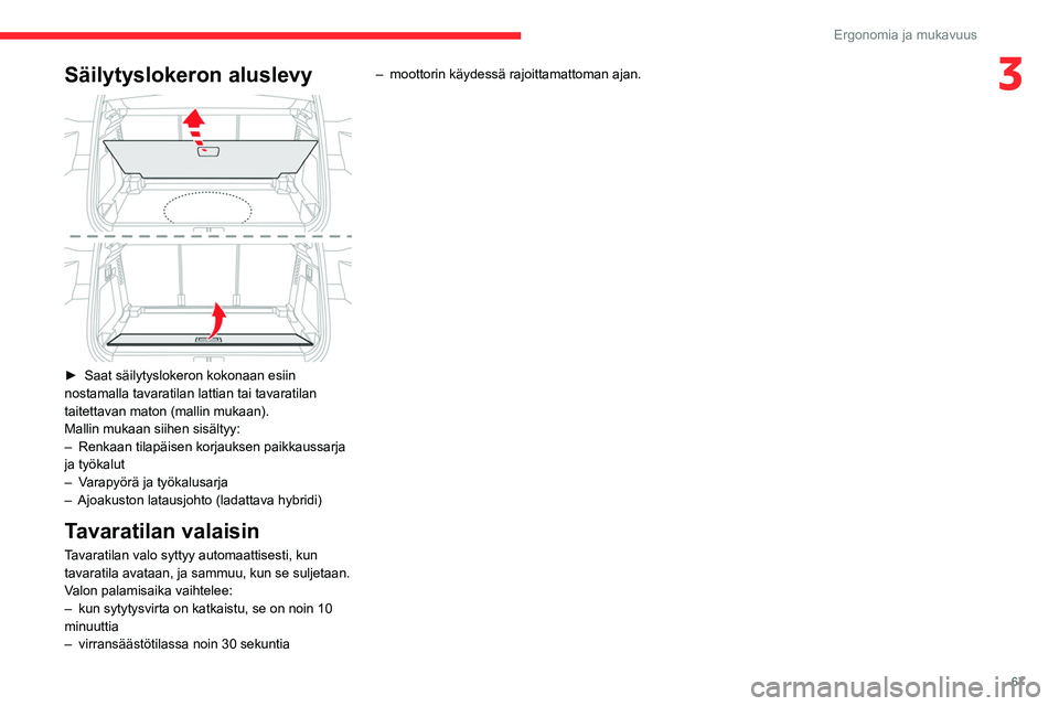 CITROEN C5 AIRCROSS 2022  Omistajan Käsikirjat (in Finnish) 67
Ergonomia ja mukavuus
3Säilytyslokeron aluslevy 
 
►  Saat säilytyslokeron kokonaan esiin 
nostamalla tavaratilan lattian tai tavaratilan 
taitettavan maton (mallin mukaan).
Mallin mukaan s