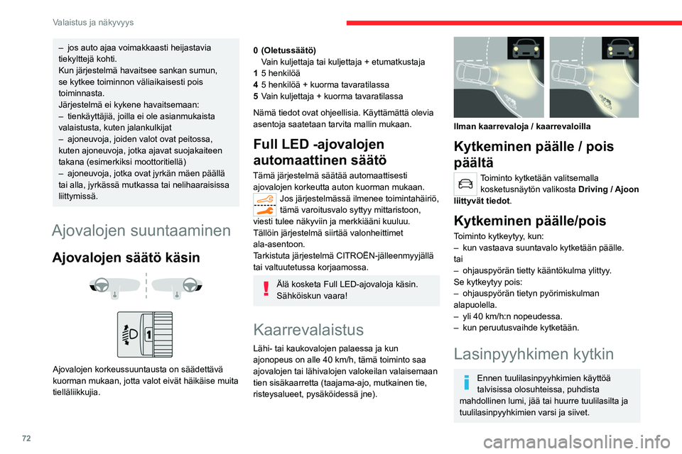 CITROEN C5 AIRCROSS 2022  Omistajan Käsikirjat (in Finnish) 72
Valaistus ja näkyvyys
– jos auto ajaa voimakkaasti heijastavia 
tiekylttejä kohti.
Kun järjestelmä havaitsee sankan sumun, 
se kytkee toiminnon väliaikaisesti pois 
toiminnasta.
Järjestelm