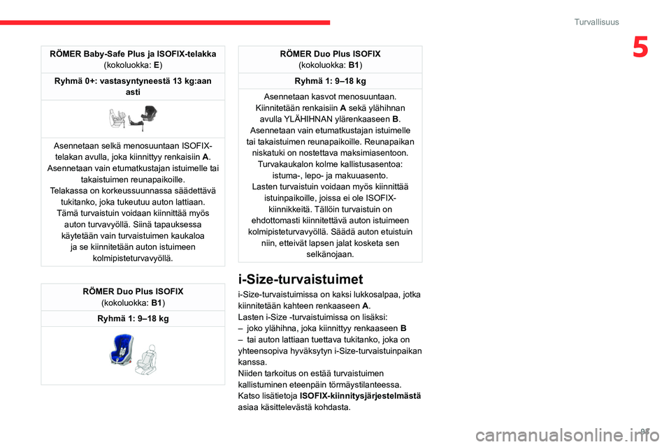 CITROEN C5 AIRCROSS 2022  Omistajan Käsikirjat (in Finnish) 93
Turvallisuus
5RÖMER Baby-Safe Plus ja ISOFIX-telakka(kokoluokka: E)
Ryhmä 0+: vastasyntyneestä 13 kg:aan  asti
 
 
Asennetaan selkä menosuuntaan ISOFIX-telakan avulla, joka kiinnittyy renkaisii