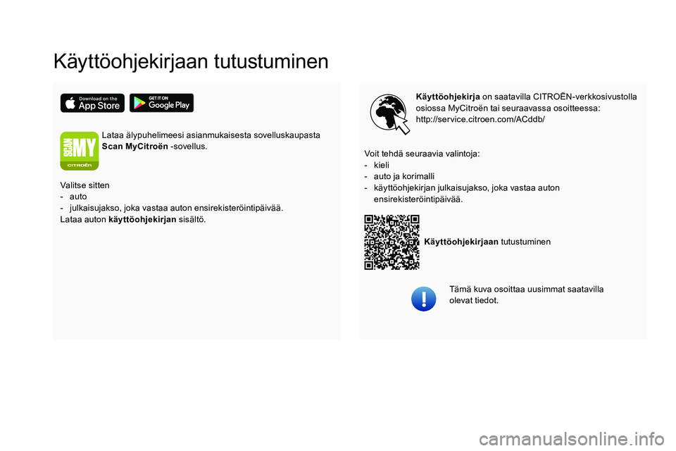 CITROEN C5 AIRCROSS 2020  Omistajan Käsikirjat (in Finnish) Käyttöohjekirjaan tutustuminen
Käyttöohjekirja on saatavilla CITROËN-verkkosivustolla 
osiossa MyCitroën tai seuraavassa osoitteessa:
http://service.citroen.com/ACddb/
Käyttöohjekirjaan  tutus