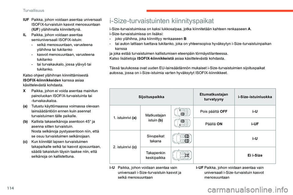CITROEN C5 AIRCROSS 2020 Omistajan Käsikirjat (in Finnish) 114
XPaikka, johon ei voida asentaa mainitun
painoluokan ISOFIX-turvaistuinta tai
-turvakaukaloa.
(a) Tutustu käyttömaassa voimassa olevaan
lainsäädäntöön ennen kuin asennat
turvaistuimen t CITROEN C5 AIRCROSS 2020 Omistajan Käsikirjat (in Finnish) 114
XPaikka, johon ei voida asentaa mainitun
painoluokan ISOFIX-turvaistuinta tai
-turvakaukaloa.
(a) Tutustu käyttömaassa voimassa olevaan
lainsäädäntöön ennen kuin asennat
turvaistuimen t