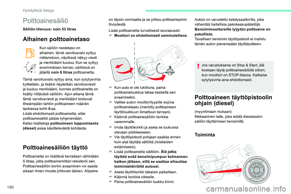 CITROEN C5 AIRCROSS 2020  Omistajan Käsikirjat (in Finnish) 180
/2 
1 1
Polttoainesäiliö
Säiliön tilavuus: noin 53 
litraa
Alhainen polttoainetaso
Kun säiliön nestetaso on 
alhainen, tämä varoitusvalo syttyy 
mittaristoon, näytössä näkyy viesti 
ja