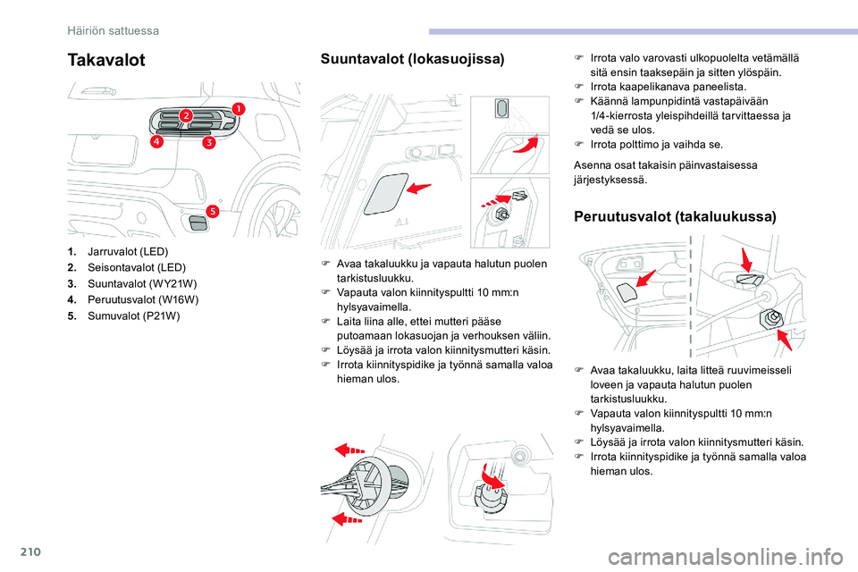 CITROEN C5 AIRCROSS 2020  Omistajan Käsikirjat (in Finnish) 210
Ta k a v a l o t
1.Jarruvalot (LED)
2. Seisontavalot (LED)
3. Suuntavalot (W Y21W)
4. Peruutusvalot (W16W)
5. Sumuvalot (P21W)
Suuntavalot (lokasuojissa)
F Avaa takaluukku ja vapauta halutun puole