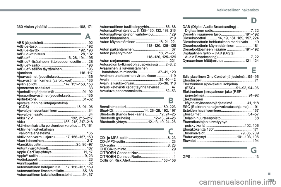 CITROEN C5 AIRCROSS 2020  Omistajan Käsikirjat (in Finnish) 225
360 Vision ylhäältä ...............................1 6 8 , 171
Bensiinimoottori
 
 ....................................189, 223
BlueHDi
 

...............................14, 28 –29, 192, 197
