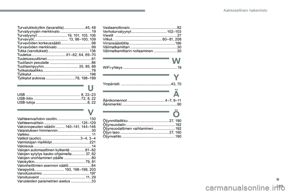 CITROEN C5 AIRCROSS 2020  Omistajan Käsikirjat (in Finnish) 229
Turvalukkokytkin (tavaratila) .....................4 5, 48
Turvatyynyjen merkkivalo  ...............................19
Tu r v a t y y n y t
 ............................. 1

9, 101, 103, 10 6
Tu r