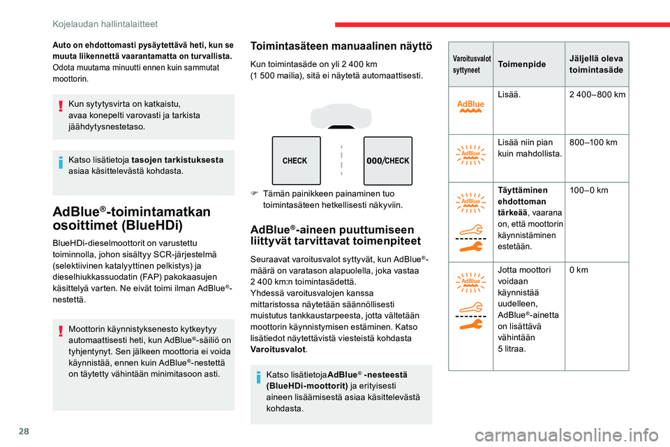 CITROEN C5 AIRCROSS 2020 Omistajan Käsikirjat (in Finnish) 28
Auto on ehdottomasti pysäytettävä heti, kun se
muuta liikennettä vaarantamatta on turvallista.
Odota muutama minuutti ennen kuin sammutat
moottorin.
Kun sytytysvirta on katkaistu,
avaa konep CITROEN C5 AIRCROSS 2020 Omistajan Käsikirjat (in Finnish) 28
Auto on ehdottomasti pysäytettävä heti, kun se
muuta liikennettä vaarantamatta on turvallista.
Odota muutama minuutti ennen kuin sammutat
moottorin.
Kun sytytysvirta on katkaistu,
avaa konep