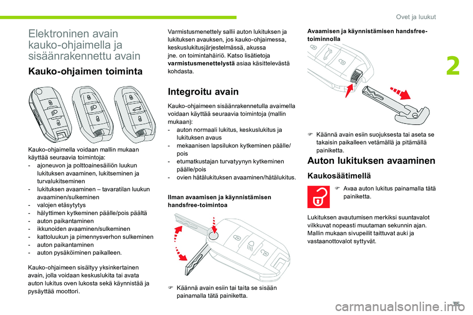 CITROEN C5 AIRCROSS 2020  Omistajan Käsikirjat (in Finnish) 35
Elektroninen avain 
kauko-ohjaimella ja 
sisäänrakennettu avain
Kauko-ohjaimen toiminta
Kauko-ohjaimeen sisältyy yksinkertainen 
avain, jolla voidaan keskuslukita tai avata 
auton lukitus oven l