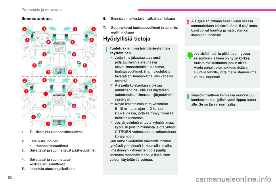 CITROEN C5 AIRCROSS 2020  Omistajan Käsikirjat (in Finnish) 62
Ilmansuuntaus6.Ilmantulo matkustajien jalkatilaan takana
7. Suunnattavat tuuletussuuttimet ja puhallin, 
mallin mukaan
Hyödyllisiä tietoja
1.Tuulilasin huurteenpoistosuuttimet
2. Etusivuikkunoide