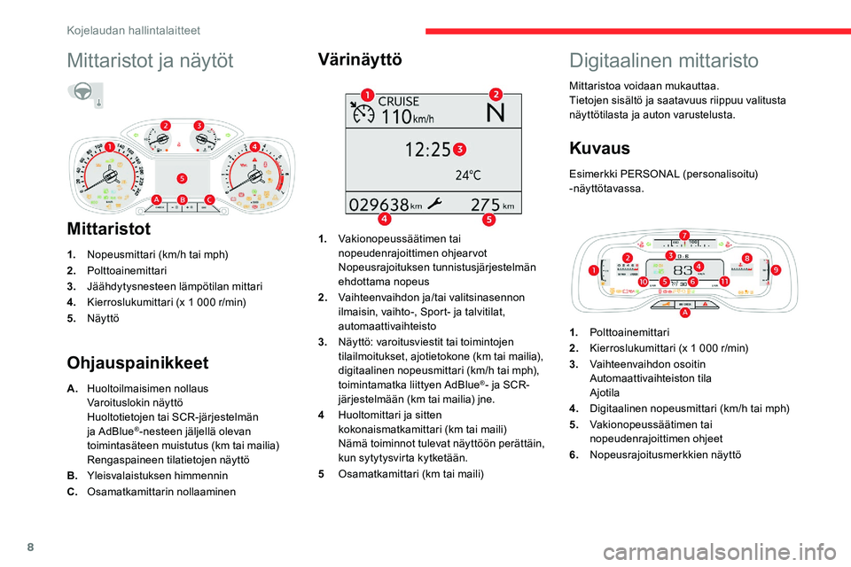 CITROEN C5 AIRCROSS 2020 Omistajan Käsikirjat (in Finnish) 8
Mittaristot ja näytöt
Mittaristot
1.Nopeusmittari (km/h tai mph)
2. Polttoainemittari
3. Jäähdytysnesteen lämpötilan mittari
4. Kierroslukumittari (x 1 000
r/min)
5. Näyttö
Ohjauspainikkee CITROEN C5 AIRCROSS 2020 Omistajan Käsikirjat (in Finnish) 8
Mittaristot ja näytöt
Mittaristot
1.Nopeusmittari (km/h tai mph)
2. Polttoainemittari
3. Jäähdytysnesteen lämpötilan mittari
4. Kierroslukumittari (x 1 000
r/min)
5. Näyttö
Ohjauspainikkee