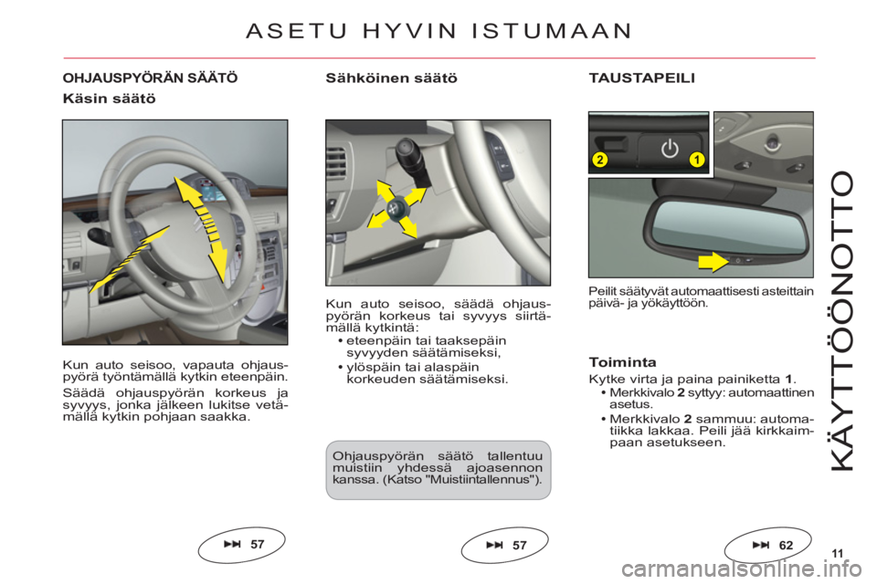 CITROEN C6 2012  Omistajan Käsikirjat (in Finnish) 11
12
KÄYTT
ÖÖ
N
O
TT
O
Kun auto seisoo, vapauta ohjaus-pyörä työntämällä kytkin eteenpäin.
Säädä ohjauspyörän korkeus jasyvyys, jonka jälkeen lukitse vetä-mällä kytkin pohjaan saak