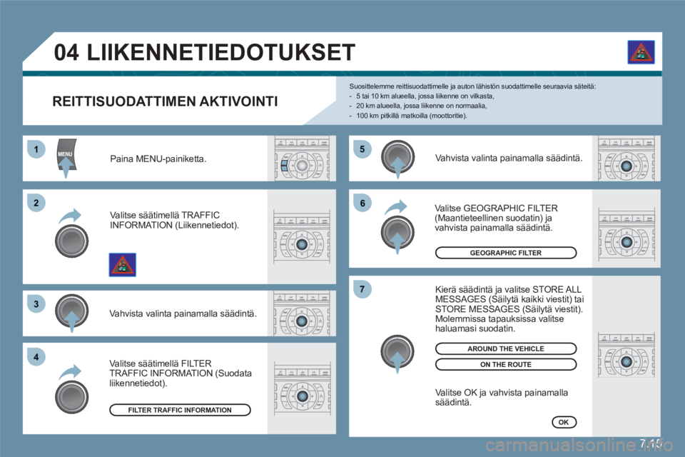 CITROEN C6 2012  Omistajan Käsikirjat (in Finnish) 7.15
55
66
77
11
22
33
44
04
   
REITTISUODATTIMEN AKTIVOINTI
Suosittelemme reittisuodattimelle ja auton lähistön suodattimelle seuraavia säteitä: -   5 tai 10 km alueella, jossa liikenne on vilka