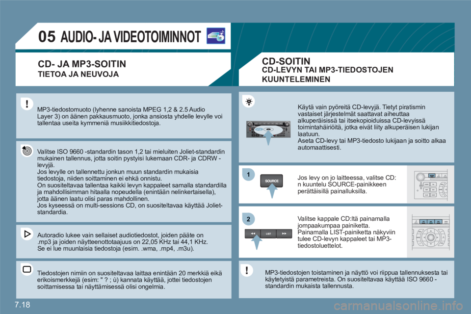 CITROEN C6 2012 Omistajan Käsikirjat (in Finnish) 7.18
1
22
05AUDIO- JA VIDEOTOIMINNOT
TIETOA JA NEUVOJA
MP3-tiedostomuoto (lyhenne sanoista MPEG 1,2 & 2.5 Audio Layer 3) on äänen pakkausmuoto, jonka ansiosta yhdelle levylle voitallentaa useita ky CITROEN C6 2012 Omistajan Käsikirjat (in Finnish) 7.18
1
22
05AUDIO- JA VIDEOTOIMINNOT
TIETOA JA NEUVOJA
MP3-tiedostomuoto (lyhenne sanoista MPEG 1,2 & 2.5 Audio Layer 3) on äänen pakkausmuoto, jonka ansiosta yhdelle levylle voitallentaa useita ky