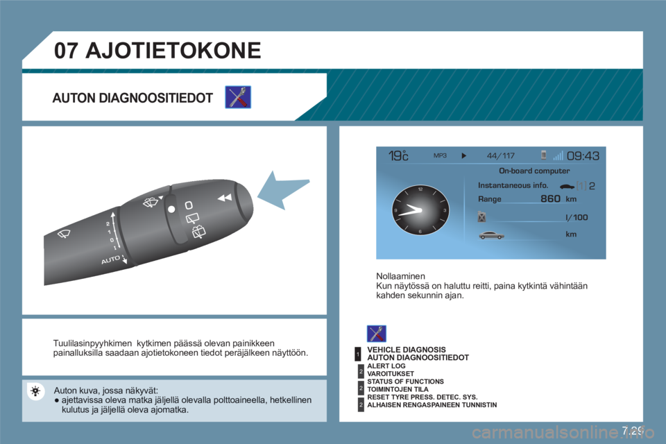 CITROEN C6 2012  Omistajan Käsikirjat (in Finnish) 7.29
1
2
2
2
07
12
63 9
 
 
Tuulilasinpyyhkimen    kytkimen  päässä olevan painikkeenpainalluksilla saadaan ajotietokoneen tiedot peräjälkeen näyttöön. 
 
 
Auton  kuva, jossa näkyvät:  
 
 