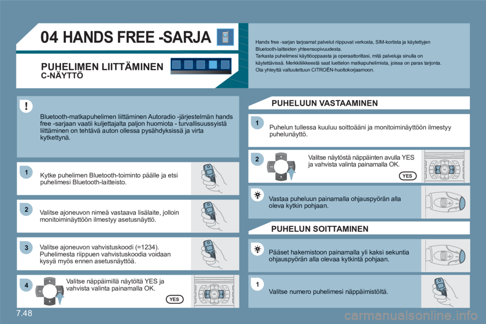 CITROEN C6 2012 Omistajan Käsikirjat (in Finnish) 7.48
11
22
33
11
22
4411
04HANDS FREE -SARJA
Bluetooth-matkapuhelimen liittäminen Autoradio -järjestelmän handsfree -sarjaan vaatii kuljettajalta paljon huomiota - turvallisuussyistäliittämine CITROEN C6 2012 Omistajan Käsikirjat (in Finnish) 7.48
11
22
33
11
22
4411
04HANDS FREE -SARJA
Bluetooth-matkapuhelimen liittäminen Autoradio -järjestelmän handsfree -sarjaan vaatii kuljettajalta paljon huomiota - turvallisuussyistäliittämine