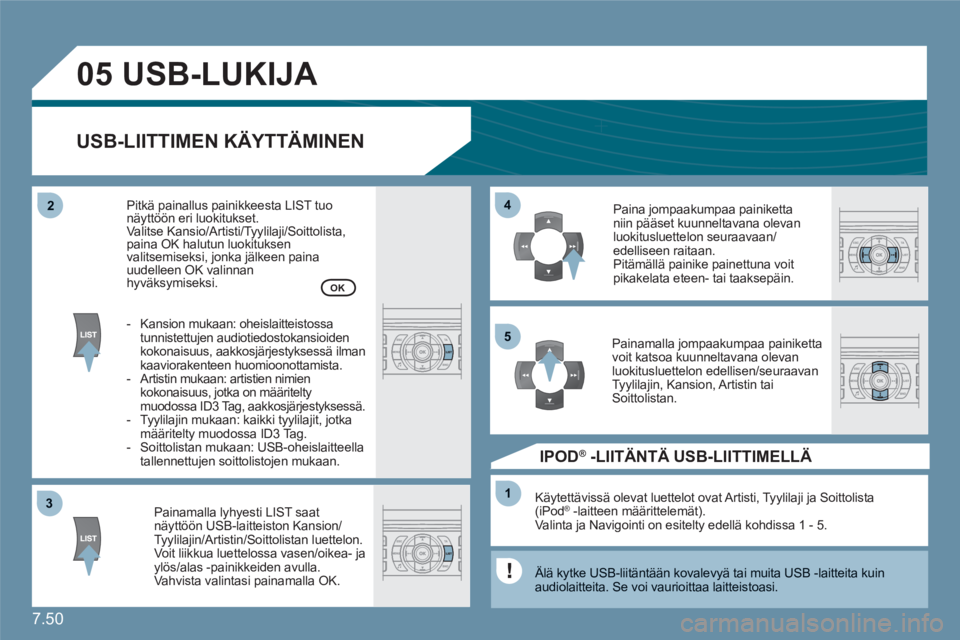 CITROEN C6 2012 Omistajan Käsikirjat (in Finnish) 7.50
33
05
44
11
55
22
USB-LUKIJA
USB-LIITTIMEN KÄYTTÄMINEN
Painamalla lyhyesti LIST saat näyttöön USB-laitteiston Kansion/Tyylilajin/Artistin/Soittolistan luettelon. Voit liikkua luettelossa CITROEN C6 2012 Omistajan Käsikirjat (in Finnish) 7.50
33
05
44
11
55
22
USB-LUKIJA
USB-LIITTIMEN KÄYTTÄMINEN
Painamalla lyhyesti LIST saat näyttöön USB-laitteiston Kansion/Tyylilajin/Artistin/Soittolistan luettelon. Voit liikkua luettelossa