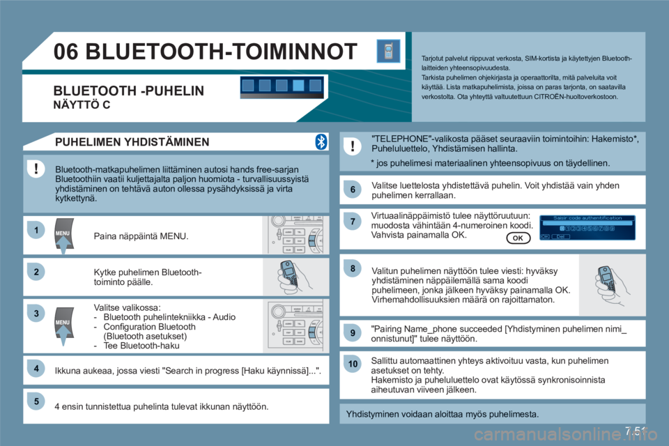 CITROEN C6 2012 Omistajan Käsikirjat (in Finnish) 7.51
11
66
22
77
44
99
55
101
33
88
06
Saisir code authentification
01
OK Del23456789 _
BLUETOOTH-TOIMINNOT
Bluetooth-matkapuhelimen liittäminen autosi hands free-sarjanBluetoothiin vaatii kuljett CITROEN C6 2012 Omistajan Käsikirjat (in Finnish) 7.51
11
66
22
77
44
99
55
101
33
88
06
Saisir code authentification
01
OK Del23456789 _
BLUETOOTH-TOIMINNOT
Bluetooth-matkapuhelimen liittäminen autosi hands free-sarjanBluetoothiin vaatii kuljett