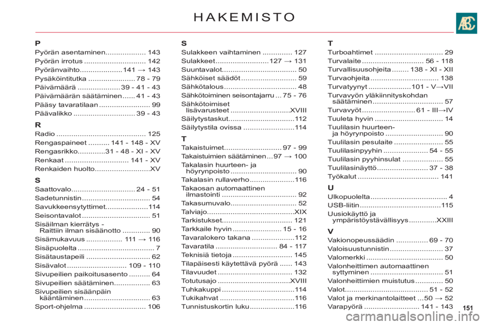 CITROEN C6 2012  Omistajan Käsikirjat (in Finnish) 151
HAKEMISTO
P
Pyörän asentaminen...................143
Pyörän irrotus .............................142
Pyöränvaihto....................141 → 143
Pysäköintitutka......................78 - 7