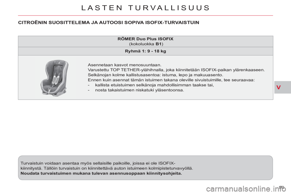 CITROEN C-CROSSER 2012 Omistajan Käsikirjat (in Finnish) V
LASTEN TURVALLISUUS
99 Turvaistuin voidaan asentaa myös sellaisille paikoille, joissa ei ole ISOFIX-
kiinnitystä. Tällöin turvaistuin on kiinnitettävä auton istuimeen kolmipisteturvavyö CITROEN C-CROSSER 2012 Omistajan Käsikirjat (in Finnish) V
LASTEN TURVALLISUUS
99 Turvaistuin voidaan asentaa myös sellaisille paikoille, joissa ei ole ISOFIX-
kiinnitystä. Tällöin turvaistuin on kiinnitettävä auton istuimeen kolmipisteturvavyö