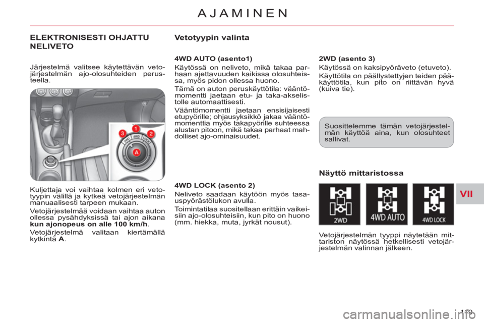 CITROEN C-CROSSER 2012  Omistajan Käsikirjat (in Finnish) VII
AJAMINEN
119 
ELEKTRONISESTI OHJATTU 
NELIVETO 
   
4WD AUTO (asento1) 
  Käytössä on neliveto, mikä takaa par-
haan ajettavuuden kaikissa olosuhteis-
sa, myös pidon ollessa huono. 
  Tämä 