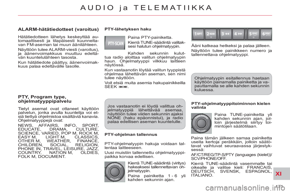 CITROEN C-CROSSER 2012 Omistajan Käsikirjat (in Finnish) XI
171
AUDIO ja TELEMATIIKKA
PTY, Program type,
ohjelmatyyppipalvelu
Tietyt asemat ovat ottaneet käyttöön
palvelun, jonka avulla kuuntelija voi et-
siä tiettyä ohjelmistoa sisältäviä CITROEN C-CROSSER 2012 Omistajan Käsikirjat (in Finnish) XI
171
AUDIO ja TELEMATIIKKA
PTY, Program type,
ohjelmatyyppipalvelu
Tietyt asemat ovat ottaneet käyttöön
palvelun, jonka avulla kuuntelija voi et-
siä tiettyä ohjelmistoa sisältäviä