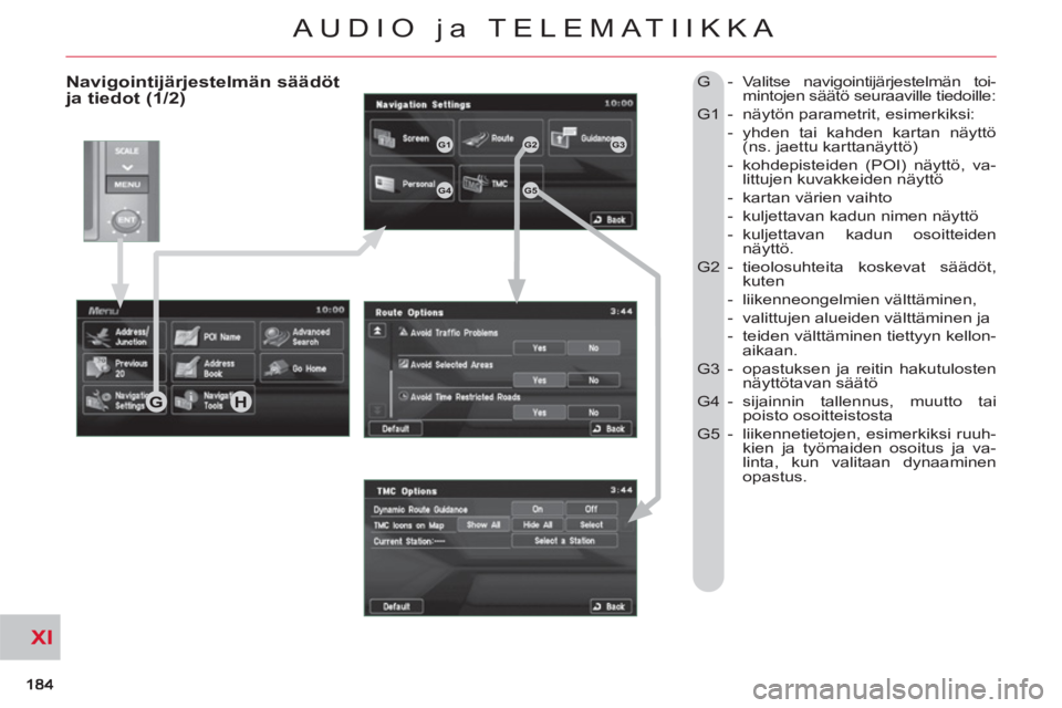CITROEN C-CROSSER 2012 Omistajan Käsikirjat (in Finnish) XI
AUDIO ja TELEMATIIKKA
Navigointijärjestelmän säädöt ja tiedot (1/2)
G - Valitse navigointijärjestelmän toi-
mintojen säätö seuraaville tiedoille:
G1 - näytön parametrit, esim CITROEN C-CROSSER 2012 Omistajan Käsikirjat (in Finnish) XI
AUDIO ja TELEMATIIKKA
Navigointijärjestelmän säädöt ja tiedot (1/2)
G - Valitse navigointijärjestelmän toi-
mintojen säätö seuraaville tiedoille:
G1 - näytön parametrit, esim