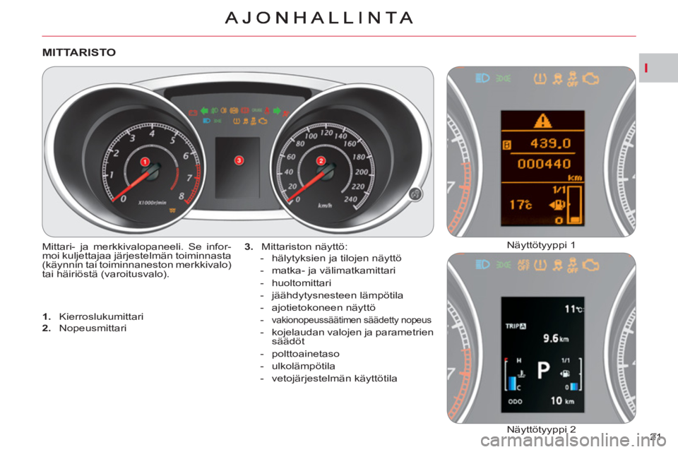 CITROEN C-CROSSER 2012 Omistajan Käsikirjat (in Finnish) I
21
MITTARISTO
Mittari- ja merkkivalopaneeli. Se infor-
moi kuljettajaa järjestelmän toiminnasta
(käynnin tai toiminnaneston merkkivalo)
tai häiriöstä (varoitusvalo).
3.
Mittariston CITROEN C-CROSSER 2012 Omistajan Käsikirjat (in Finnish) I
21
MITTARISTO
Mittari- ja merkkivalopaneeli. Se infor-
moi kuljettajaa järjestelmän toiminnasta
(käynnin tai toiminnaneston merkkivalo)
tai häiriöstä (varoitusvalo).
3.
Mittariston