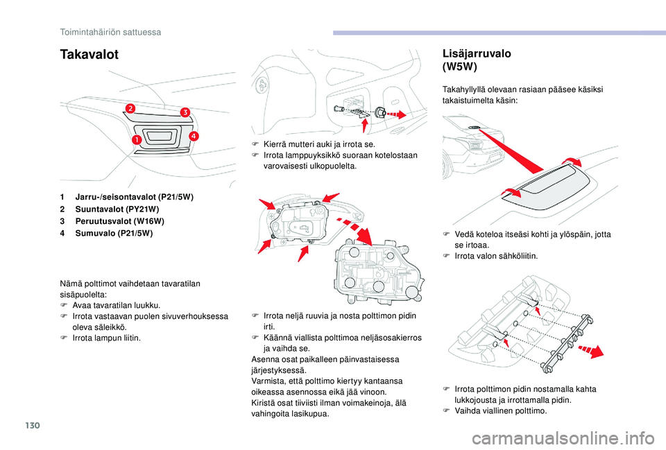 CITROEN C-ELYSÉE 2018  Omistajan Käsikirjat (in Finnish) 130
Ta k a v a l o tLisäjarruvalo
(W5W)
Takahyllyllä olevaan rasiaan pääsee käsiksi 
takaistuimelta käsin:
F 
I
 rrota polttimon pidin nostamalla kahta 
lukkojousta ja irrottamalla pidin.
F
 
V
