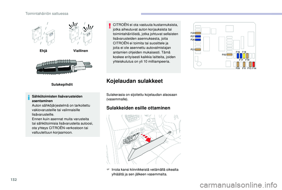 CITROEN C-ELYSÉE 2018  Omistajan Käsikirjat (in Finnish) 132
EhjäViallinen
Sulakepihdit
Sähkötoimisten lisävarusteiden 
asentaminen
Auton sähköjärjestelmä on tarkoitettu 
vakiovarusteille tai valinnaisille 
lisävarusteille.
Ennen kuin asennat muita